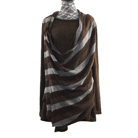 A'reve Brown Gray Striped Knit Cowl Neck Sweater Womens Medium Modcloth Cardigan - Picture 1 of 12